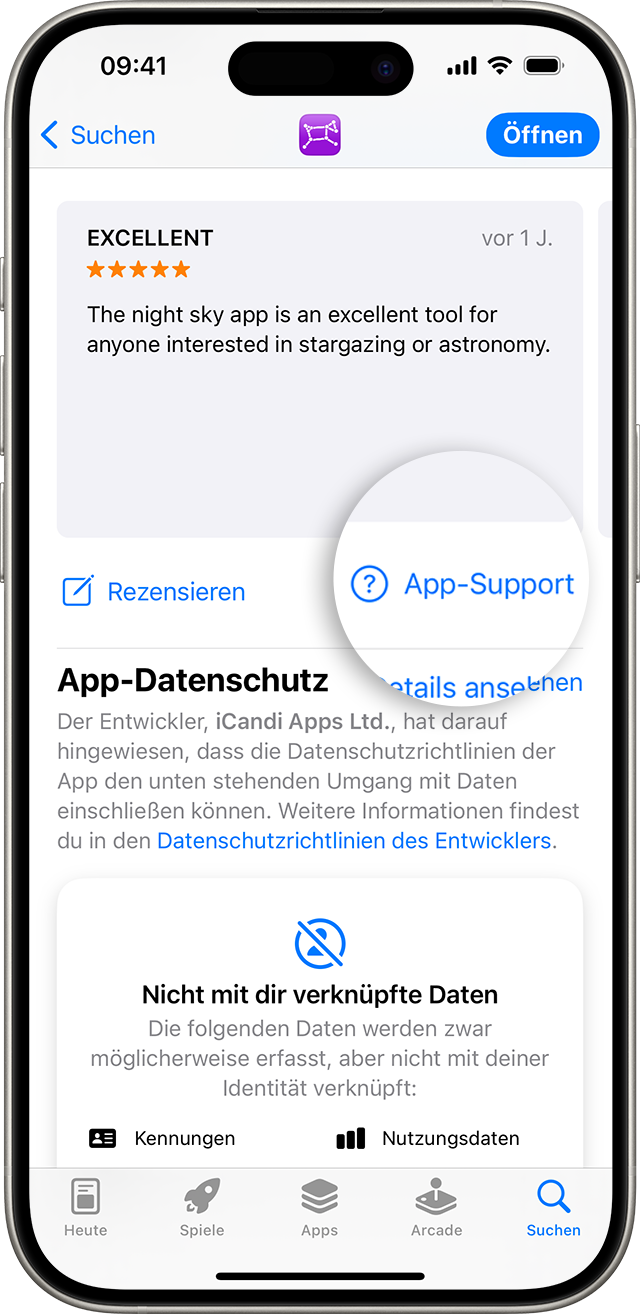 Im App Store auf dem iPhone findest du die Taste „App-Support“ unter den Bewertungen.