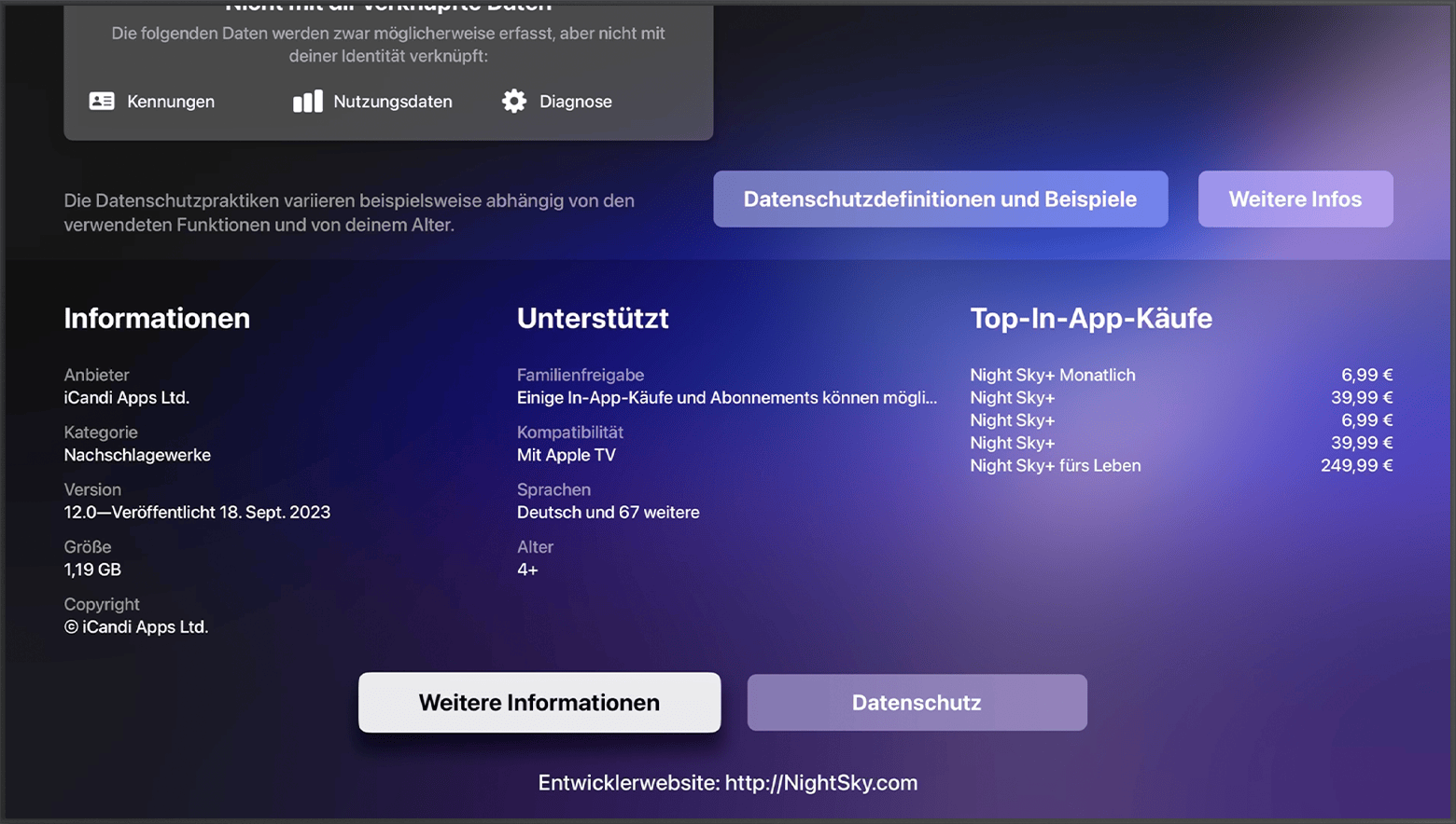 Im App Store auf Apple TV befindet sich die Website des Entwicklers unten auf der Seite der App.