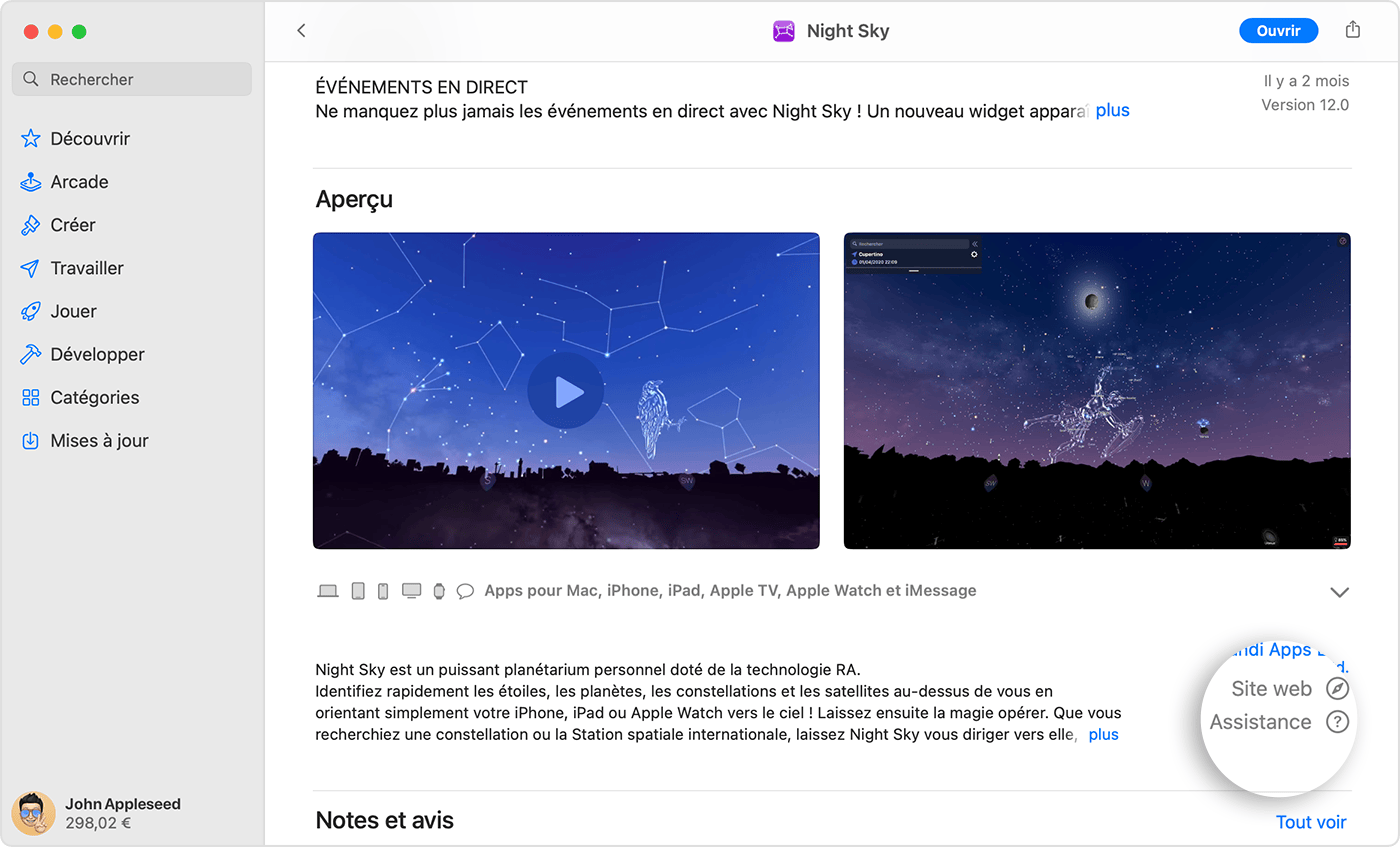 Dans l’App Store sur un Mac, le bouton Assistance se trouve à côté des notes et des avis.