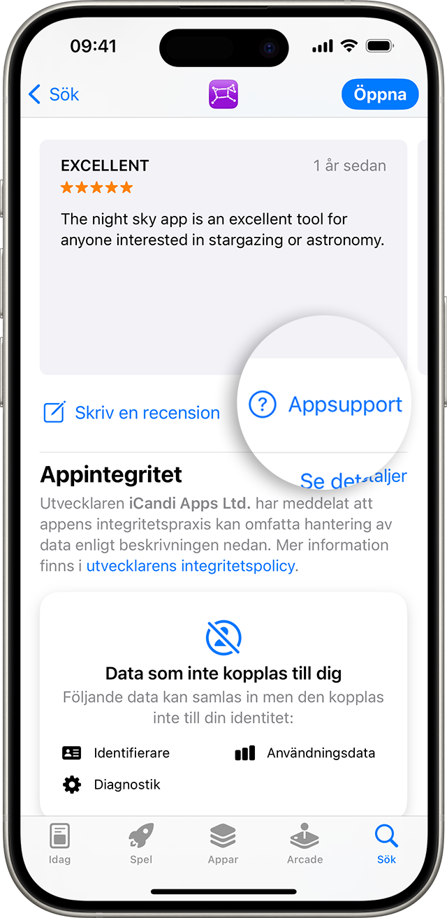 I App Store på iPhone hittar du knappen Appsupport under recensionerna.