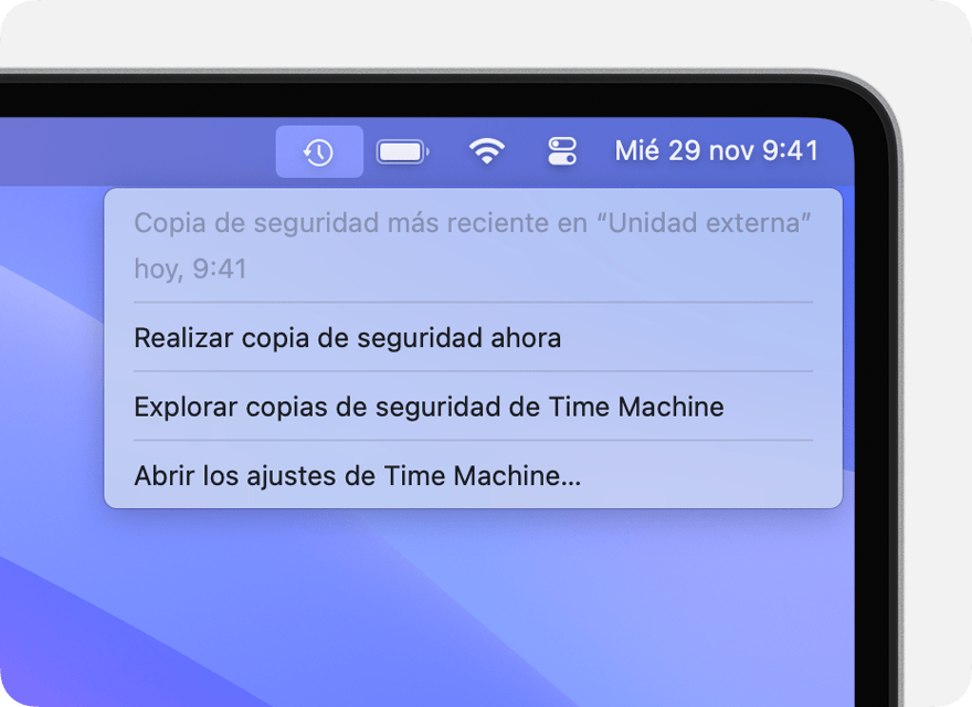 Menú Time Machine que muestra detalles sobre la última copia de seguridad