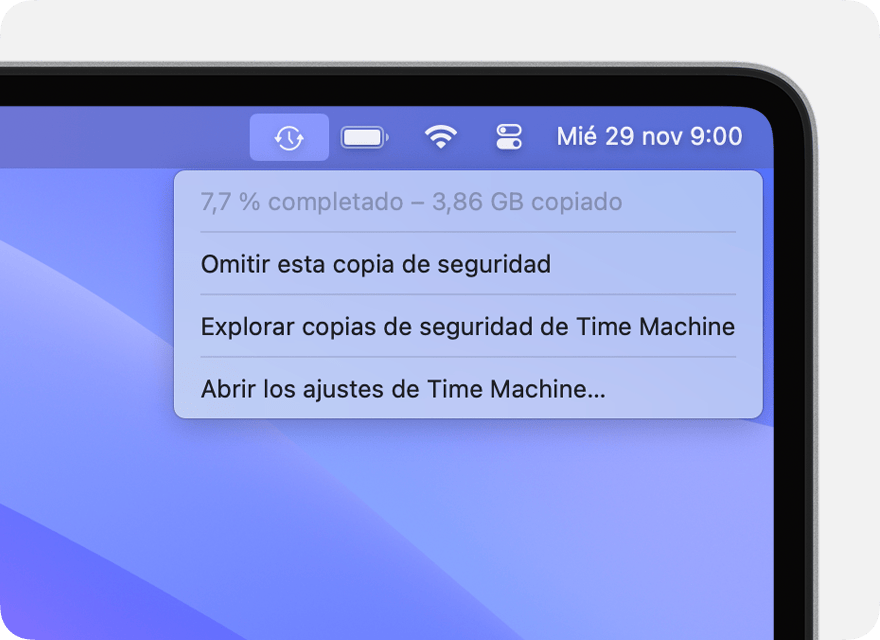 Menú Time Machine que muestra una copia de seguridad en curso