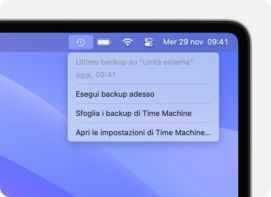 Menu di Time Machine che mostra i dettagli dell'ultimo backup