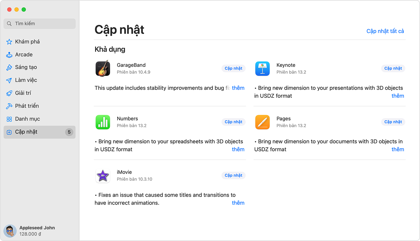 Máy Mac hiển thị trang Cập nhật trong App Store.