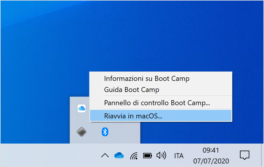 Boot Camp menu in Windows 10