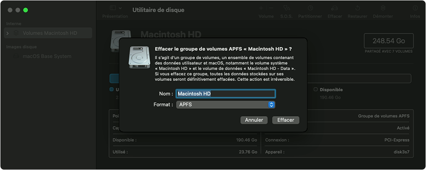 Effacement d’un groupe de volumes dans Utilitaire de disque à partir du mode Récupération sous macOS Monterey