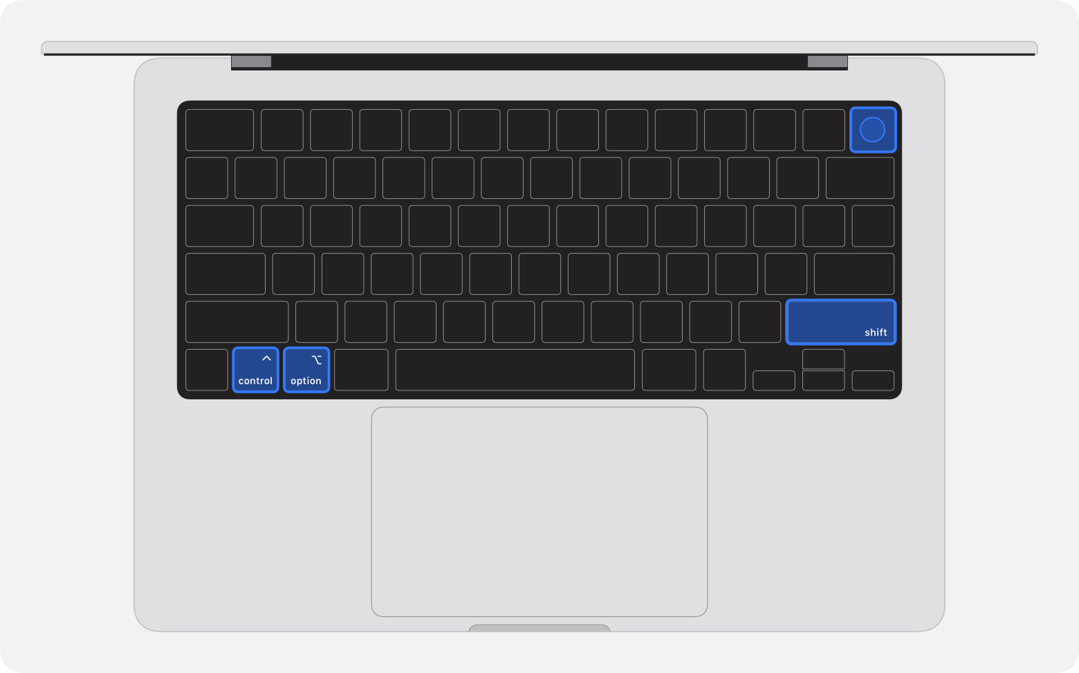 Tastatur des MacBook Pro mit den vier Tasten, die gedrückt werden müssen