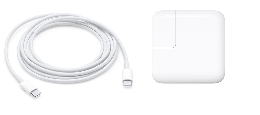 USB-C charge cable next to a 30W USB-C power adapter