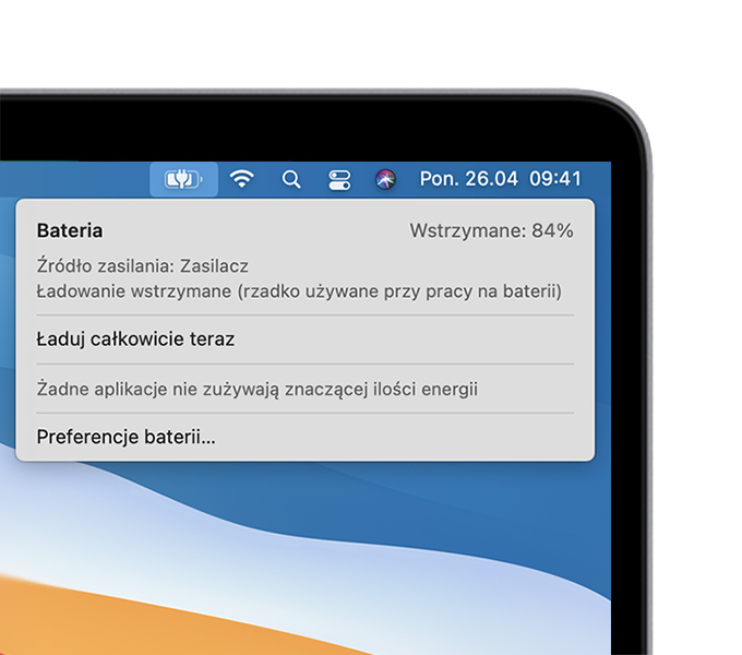 Menu stanu baterii w systemie macOS z komunikatem „Ładowanie wstrzymane (rzadko używane przy pracy na baterii)”