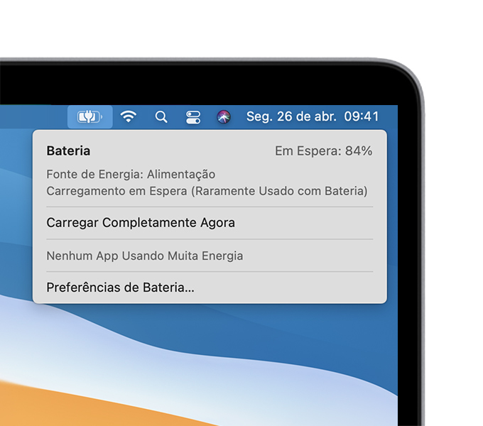 Menu de status da bateria no macOS com a mensagem Carregamento em Espera (Raramente Usado com Bateria)