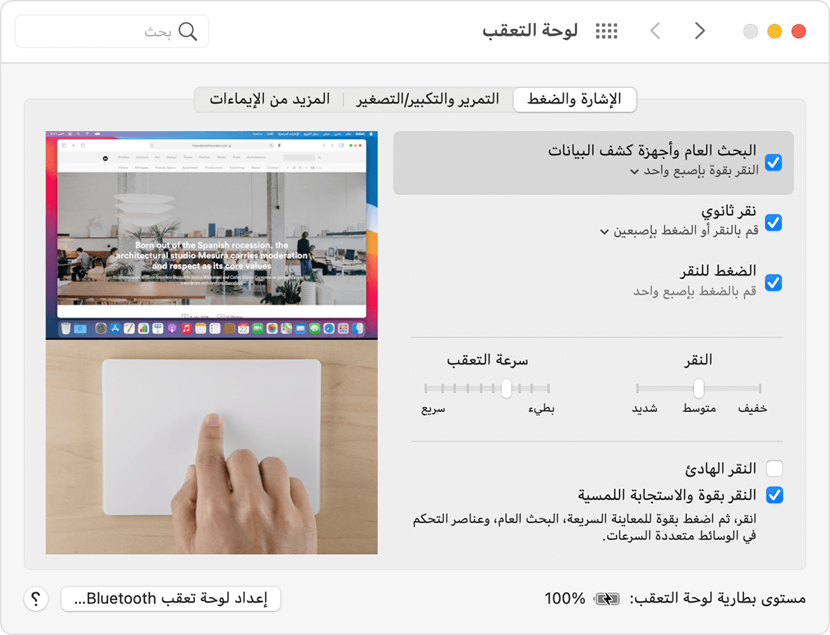 نافذة تفضيلات لوحة تعقب Trackpad في نظام التشغيل macOS