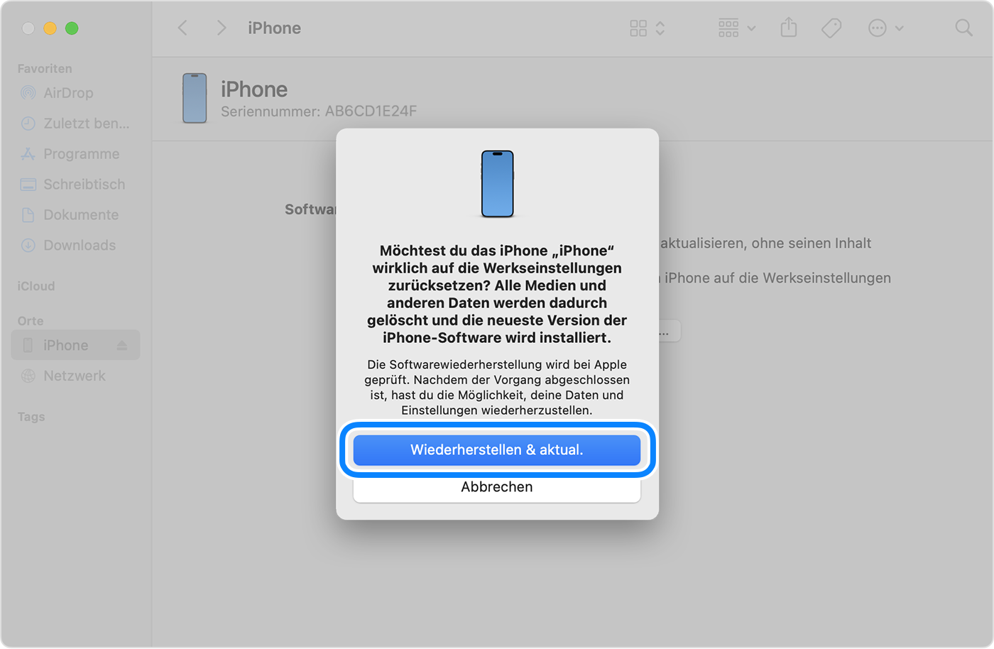 Um dein iPhone mit deinem Computer wiederherzustellen und zu aktualisieren, musst du zur Bestätigung auf „Wiederherstellen & aktual.“ tippen.