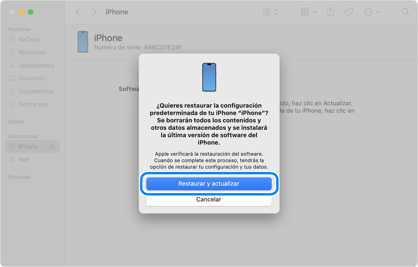Para restaurar y actualizar tu iPhone con tu computadora, debes tocar Restaurar y actualizar para confirmar.