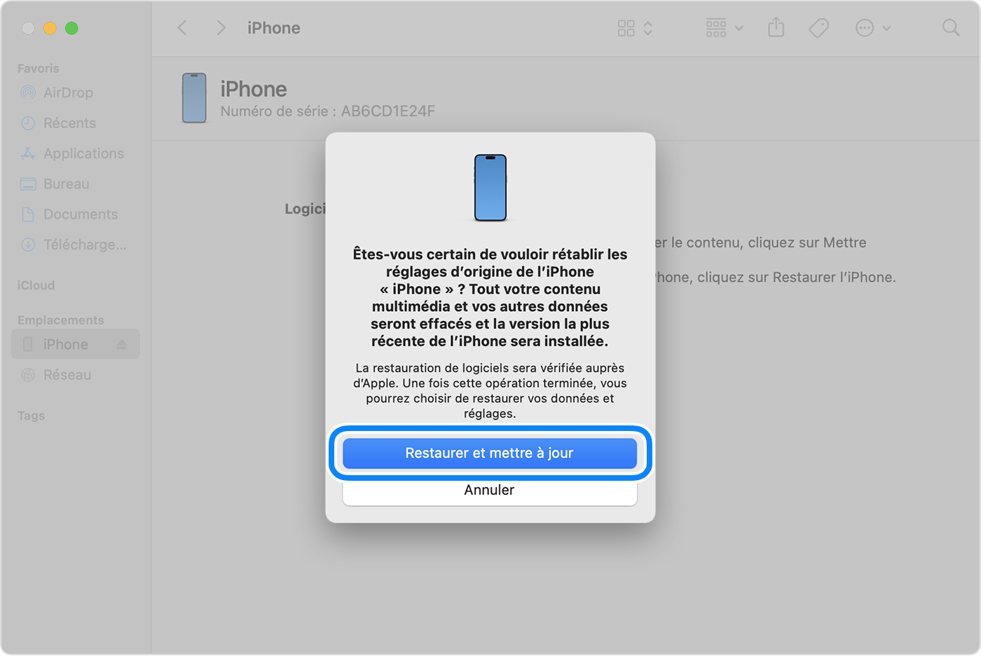 Pour restaurer et mettre à jour votre iPhone avec votre ordinateur, vous devez toucher Restaurer et mettre à jour pour confirmer.