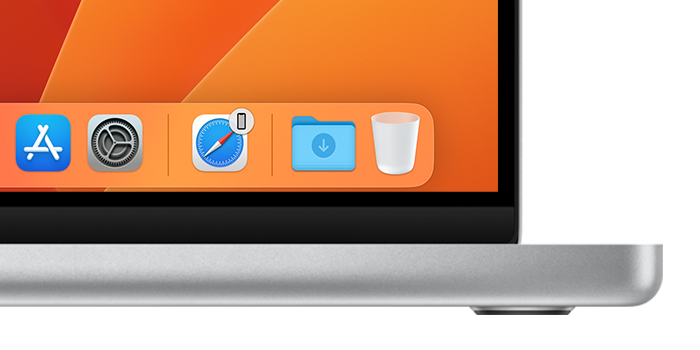 Dock ใน macOS ที่แสดงไอคอน Safari สำหรับ Handoff