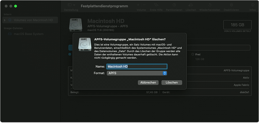 Einblendmenü „APFS-Volumegruppe löschen“ für das Fenster des Festplattendienstprogramms
