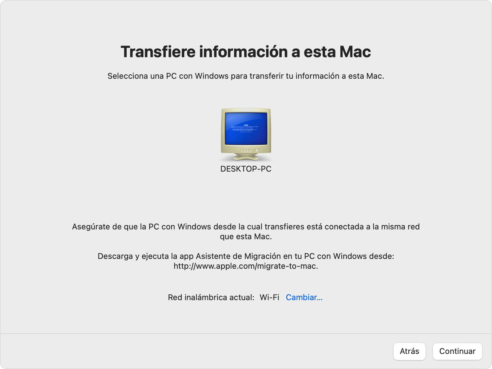 Asistente de Migración de la Mac: Selecciona una PC con Windows