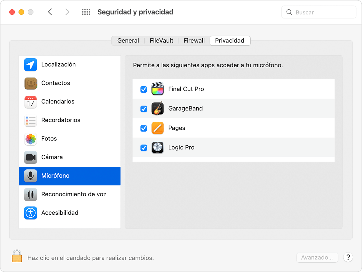 macOS Security & Privacy preferences Privacy tab with Microphone selected