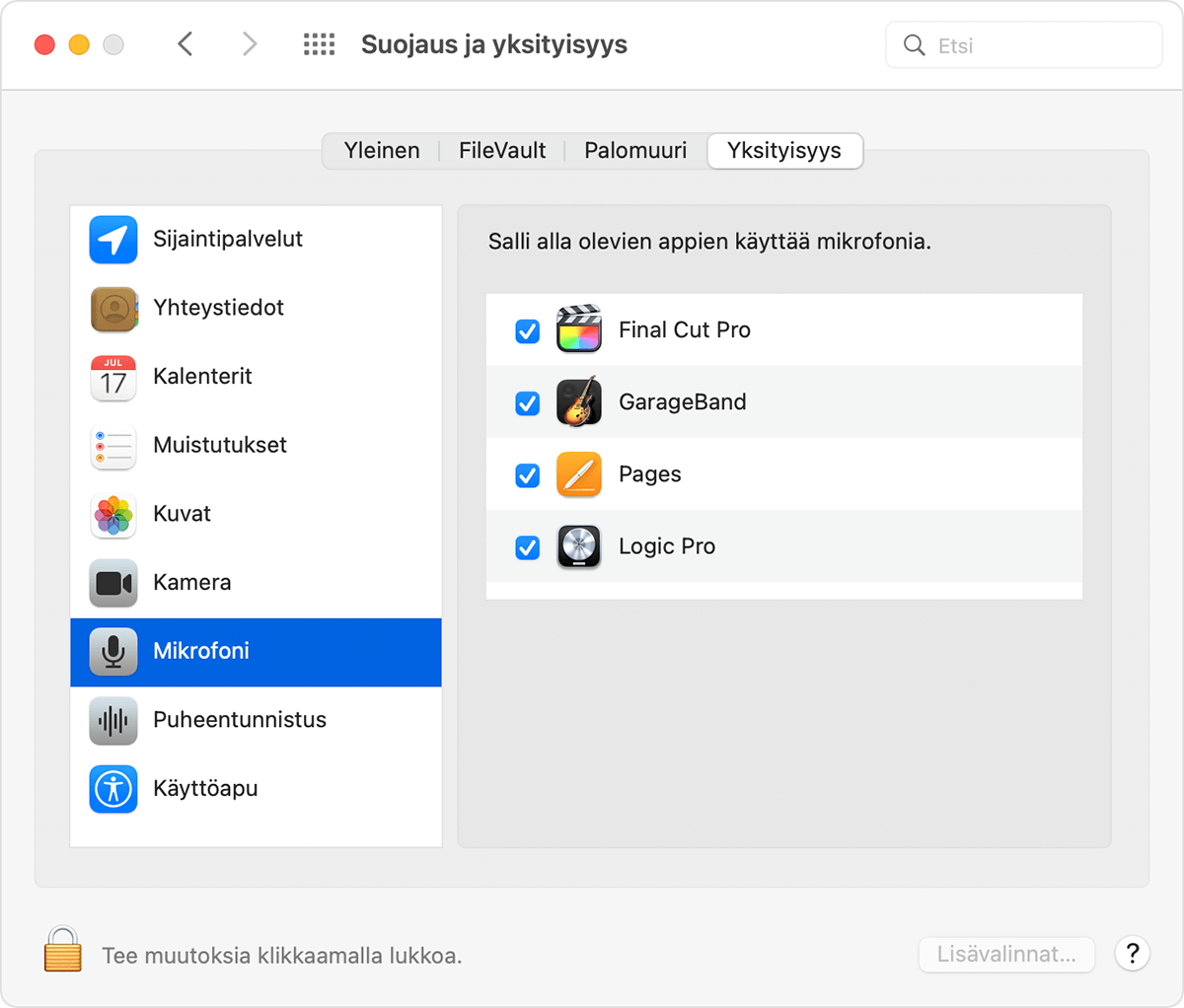 macOS Security & Privacy preferences Privacy tab with Microphone selected