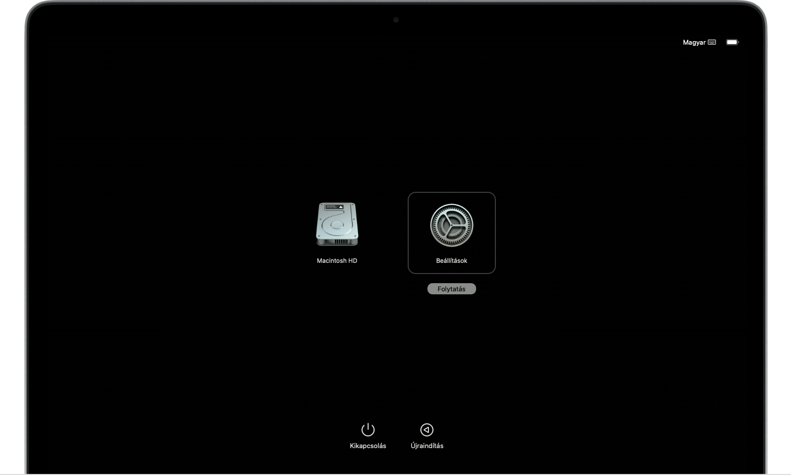 A Helyreállítási mód indítási képernyője kiválasztott „Beállítások” lehetőséggel