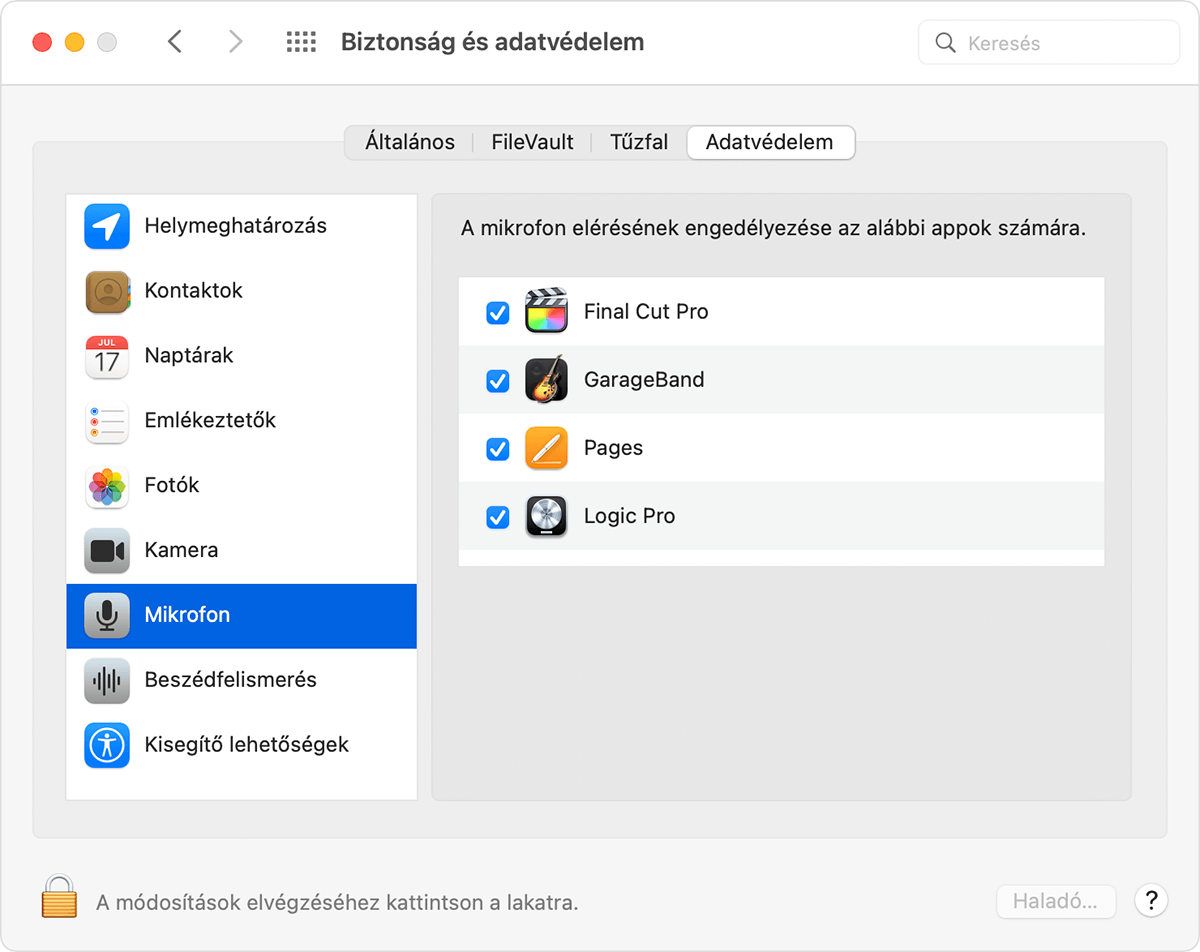 macOS Security & Privacy preferences Privacy tab with Microphone selected