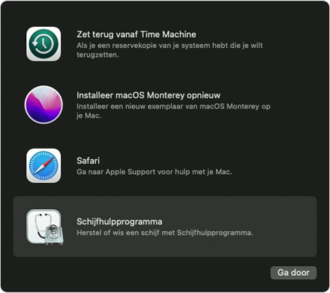 Opties voor macOS-herstel, met 'Schijfhulpprogramma' geselecteerd