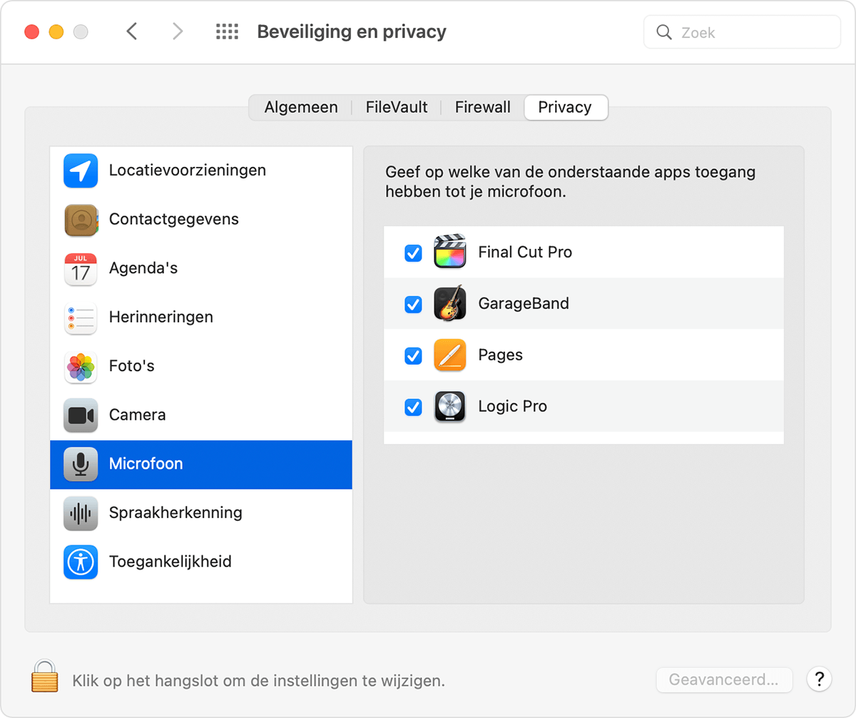 macOS Security & Privacy preferences Privacy tab with Microphone selected