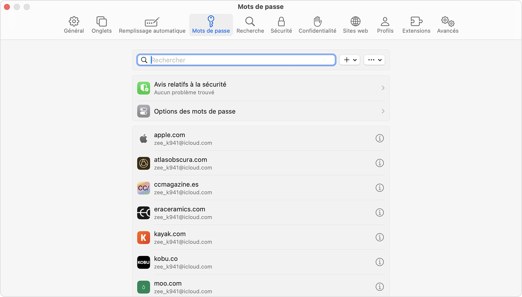 Sur votre Mac doté de macOS Sonoma ou version antérieure, vous pouvez visualiser les mots de passe et les clés d’identification enregistrés dans les réglages de Safari.