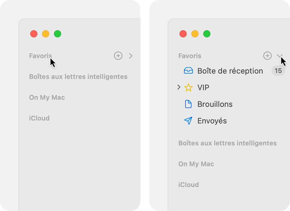 La section Favoris de la barre latérale, ouverte et fermée