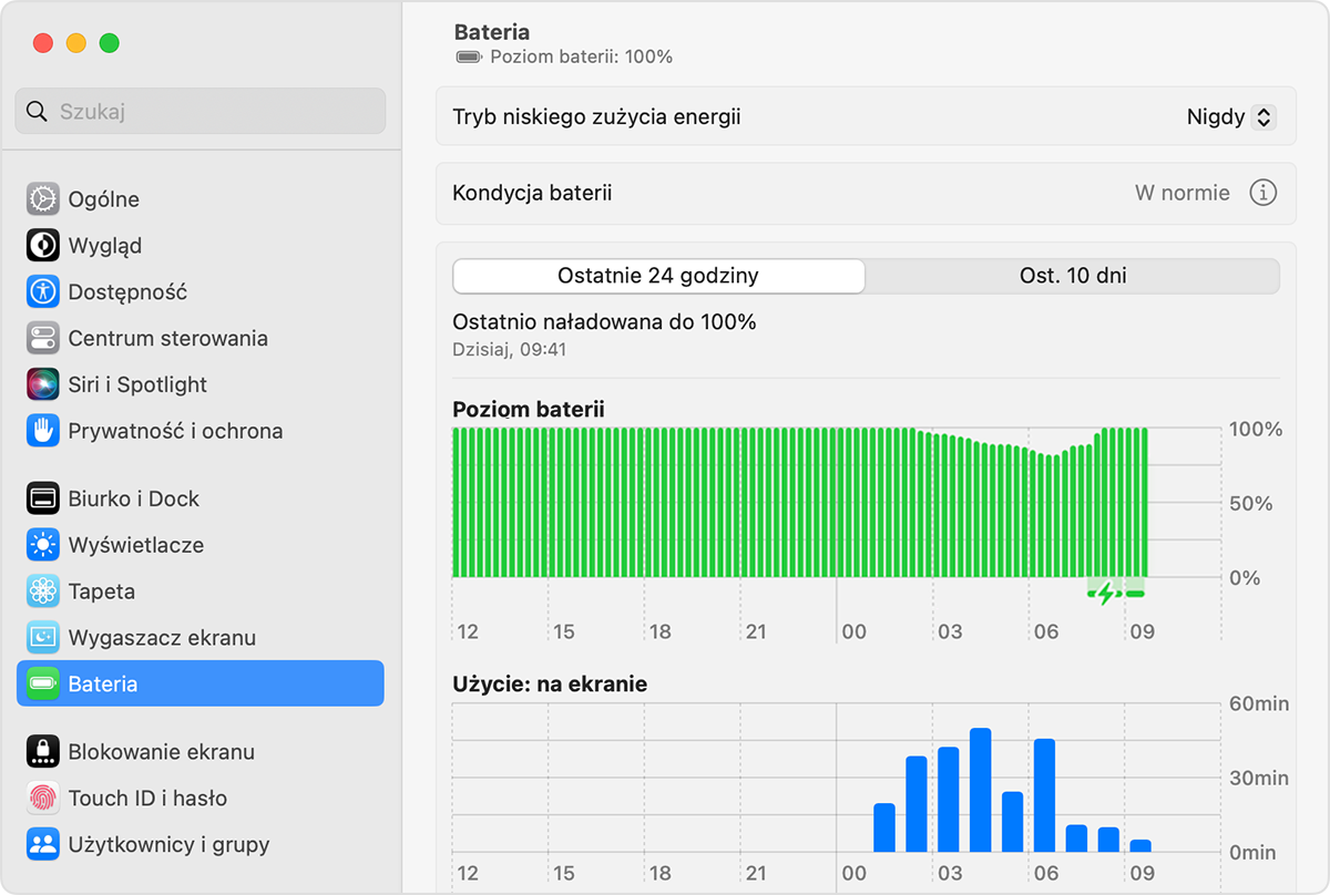 Ustawienia baterii w systemie macOS Ventura