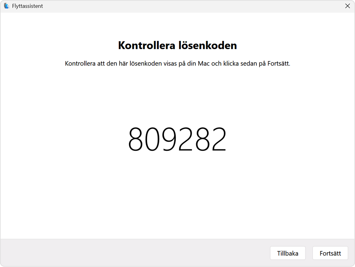 Flyttassistent på pc: Verifiera lösenkod