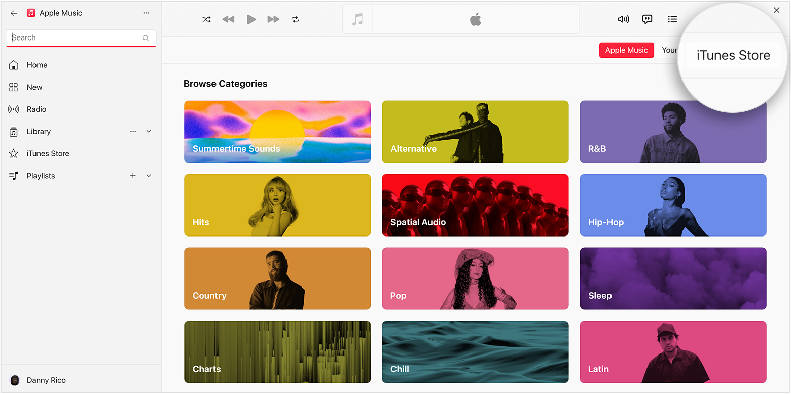 La página Buscar categorías de la app Apple Music para Windows. iTunes Store está seleccionado en la esquina superior derecha.