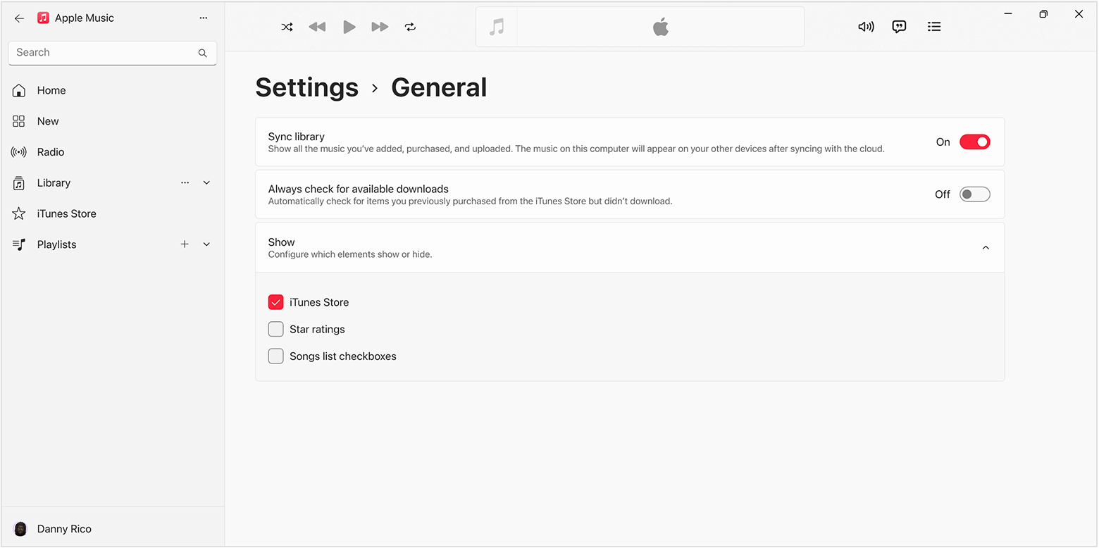 La configuración general de la app Apple Music para Windows. iTunes Store está seleccionado.