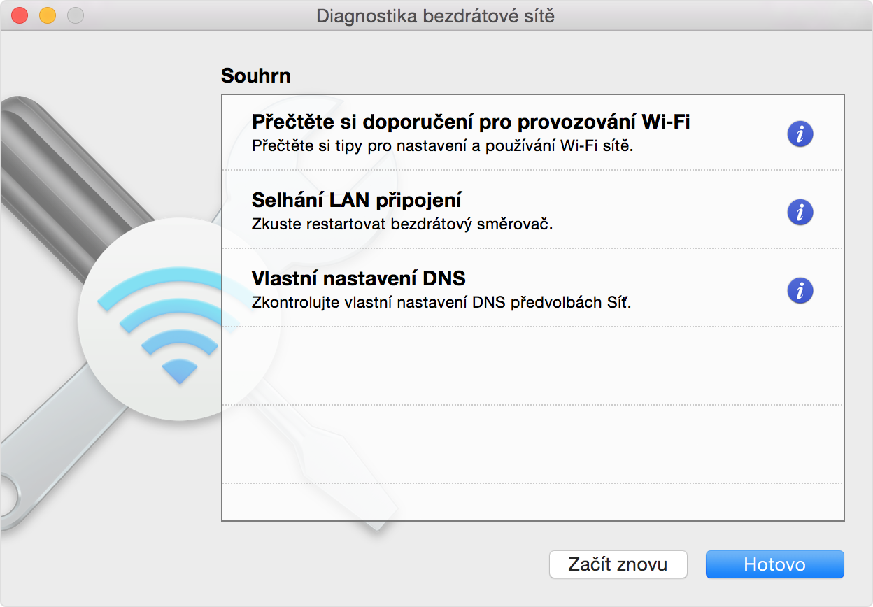 Okno Diagnostika bezdrátové sítě zobrazující výsledky diagnostiky