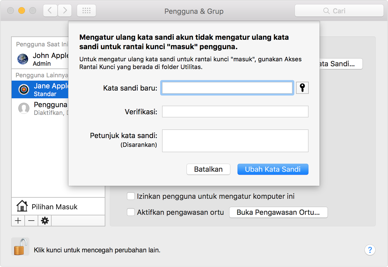 Panel Pengguna dan Grup yang memberikan opsi untuk memasukkan dan memverifikasi kata sandi baru