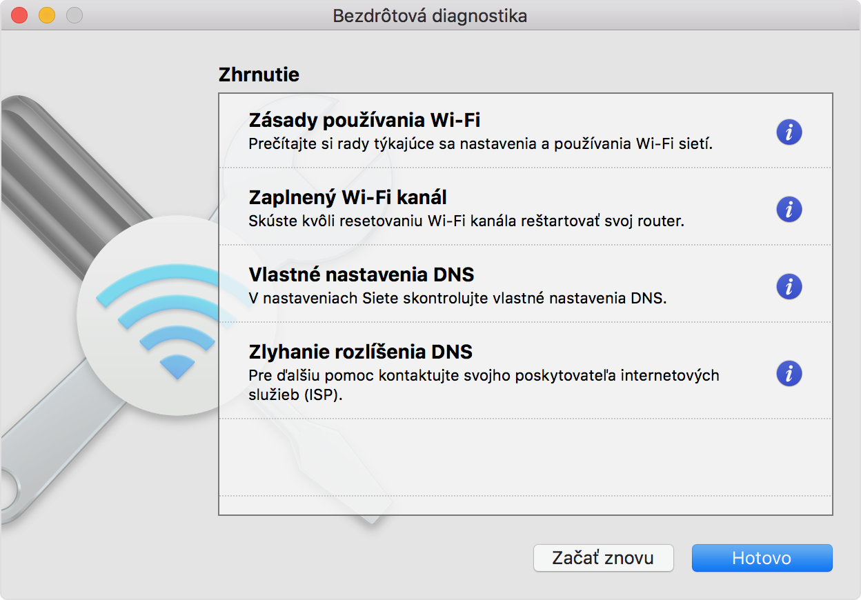 Okno Bezdrôtová diagnostika so zobrazenými výsledkami diagnostiky