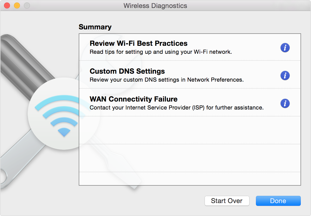 Wireless Diagnostics window, showing diagnostic results