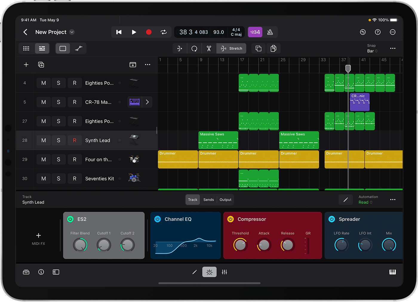 Logic Pro for iPad showing plug-in tiles.