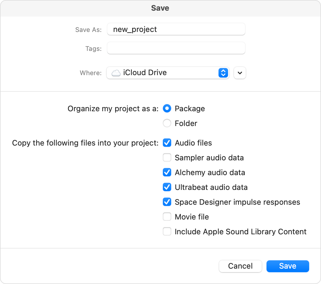 Logic Pro Save dialogue with Package selected