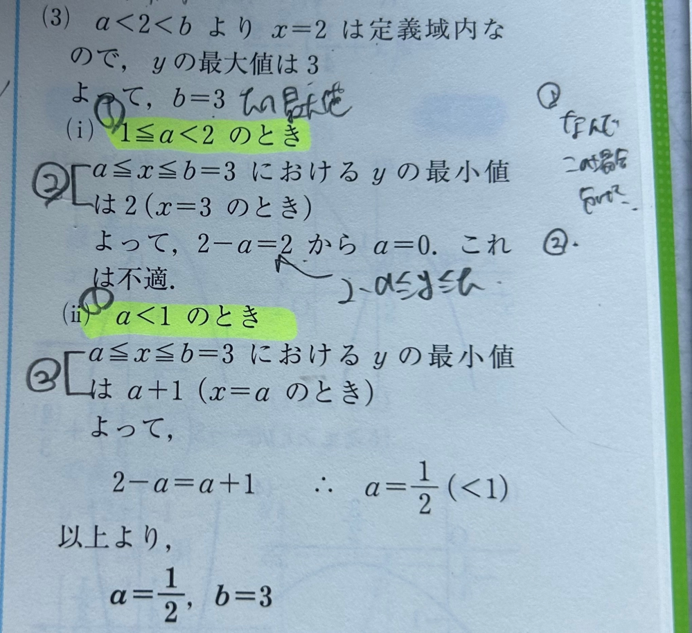 数学1 関数の値域の質問です。 a,bをa<2<bをみたす定数とする。このとき a<=x<=bに対する値域が2-a<=y<=bとなるようなa,bを求めよ なのですが ①解答の傾向マーカーの場合分けがなぜそうなったのか ②シャーペンでくくっているところが なぜその計算になるのかがわかりません泣 教えていただけると助かります汗