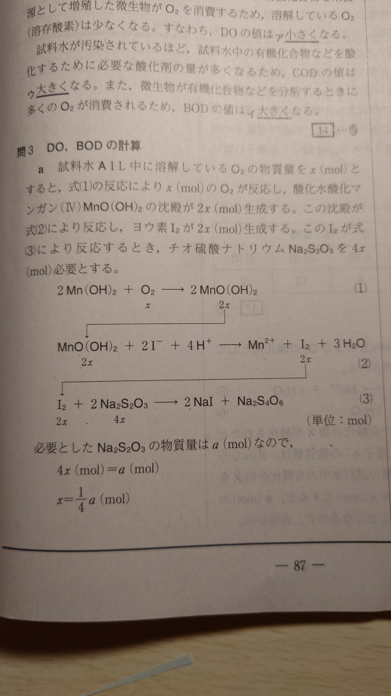 化学基礎の問題なのですがなぜ式⑵の「I2」が2xとなるのでしょうか。