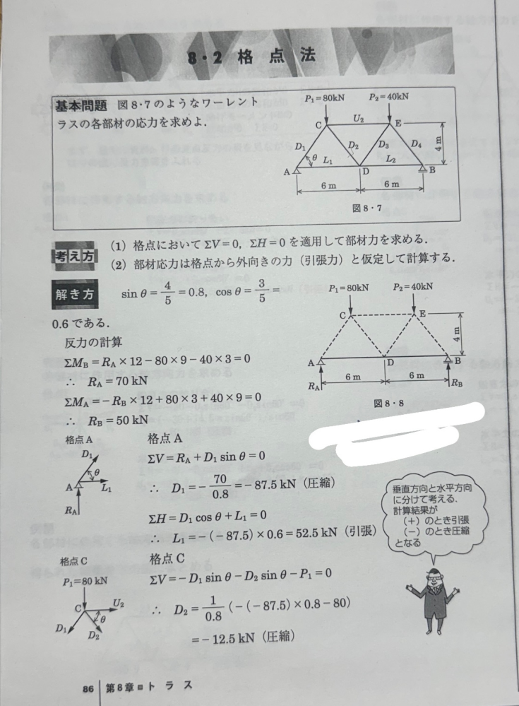 【緊急！】トラスの部材応力を求める問題について 「部材応力は各点から外向きの力（引張力）と仮定して計算する。」とあります。 でも各点Aでは図を見るとD1はAからCの方向に矢印が向いています。この向きは部材ACにとっては圧縮する向きではないのですか？ 部材応力が正の値のとき引張力、負の値のとき圧縮力となることは理解していますが、なぜD1はAからCの向きなのでしょうか。