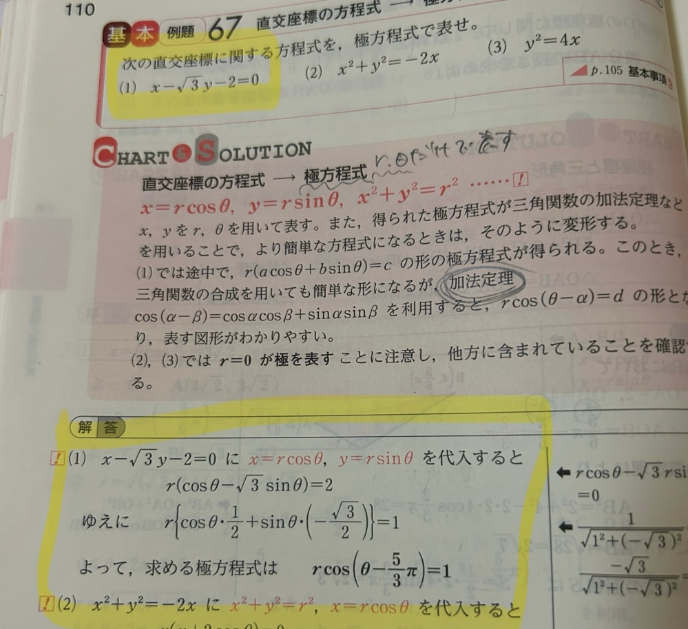 下の数学の問題はなぜrcos(θ-5/3π)になるのでしょうか？ 加法定理を使ったら(θ-π/3)になりませんか？ 高校 数学 数ⅲ 式と曲線 極座標 極方程式 チャート