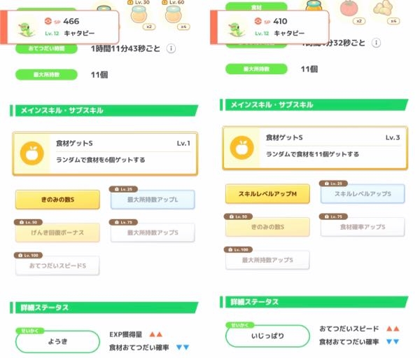 ポケスリ初心者です。キャタピーを育てるなら、どっちの方がおすすめですか？(きのみの数S持ちが強いらしいので、それを持っている個体を載せました) また、育てない方も逃がさずに残して置いた方がいいですか？