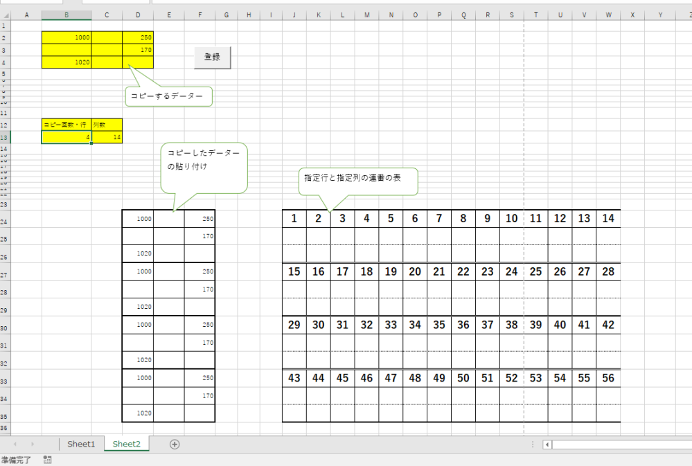 VBAについて教えてください。 B2～E4にある数値を指定セルの数（B13）コピーして指定箇所（D24～G26、D27～G29、D30～G32、D33～G35）に貼り付けたいです。 また、指定数（B13）と指定列数（D13）のJ24～W24、J27～W27、J30～W30、J33～W33に行を空けた連番の表を作りたいです。 （B13）に入力された数値がコピー数と行数。 （D13）に入力された数値が列数。 登録を押すと連番の行や列の連番が変化するようにしたいです。 （行は最大で４行まで、列は最大で14です） （例） （B13）2 （D13）14 1000 250 1,2,3,4,5,6,7,8,9,10,11,12,13,14 170 1020 1000 250 15,16,17,18,19,20,21,22,23,24,25,26,27,28 170 1020 (例） （B13）3 （D13）8 1000 250 1,2,3,4,5,6,7,8, 170 1020 1000 250 9,10,11,12,13,14,15,16 170 1020 1000 250 17,18,19,20,21,22,23,24 170 1020 指定セルに入力した数値によって変化する連番の表を作成したいです。 どうかお力添えをお願いいたします。