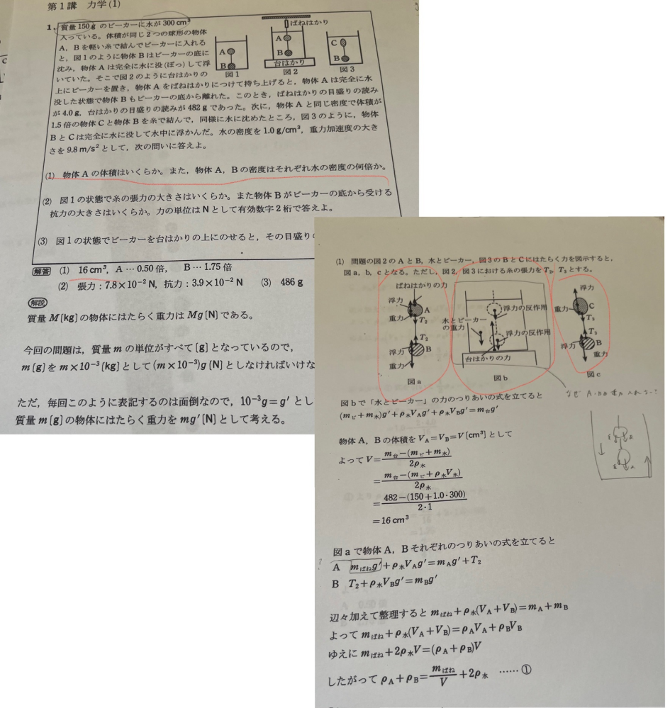 問1の問題で体積を求めるとき図bではA.Bの重力を考えていないのに、図a.cでは重力についても考えている違いがわかりません。 図bで重力を考えない理由を教えて欲しいです