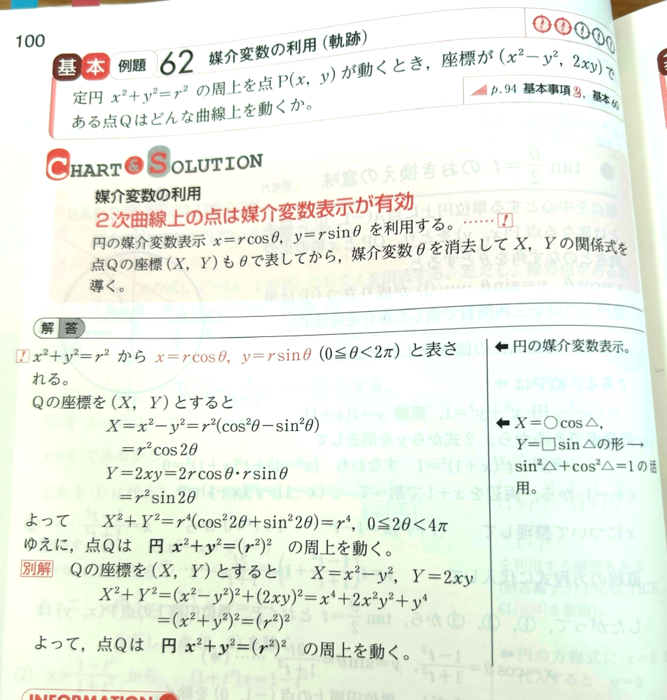 下の数学の問題の解説をお願いします なぜX^2+Y^2ををするのですか？ よろしくお願いします 高校 数学 数ⅲ 式と曲線 媒介変数表示