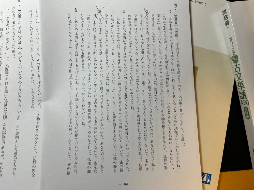 古文、源氏物語「若紫」についてです 「いで、あさ幼や。言ふかひなうものし給ふかな。おのがかく今日明日におぼゆる命をば、何ともおぼしたらで雀慕ひ給ふほどよ。罪得ることぞと常に聞こゆるを、心憂く」の現代語訳についてなのですが、添付画像の選択肢①と⑤の違いがわかりません。教えてください。