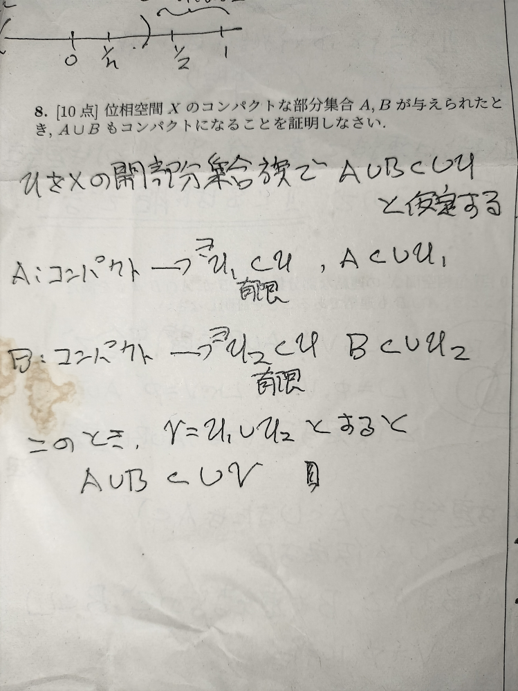 「位相空間Xのコンパクトな部分集合 A, B が与えられたとき,AUBもコンパクトになることを証明しなさい.」という問題が分かりません。 略解という形で写真のような解説を貰ったのでこの写真をもとに解答を作ってくれると助かります。 よろしくお願い致します。