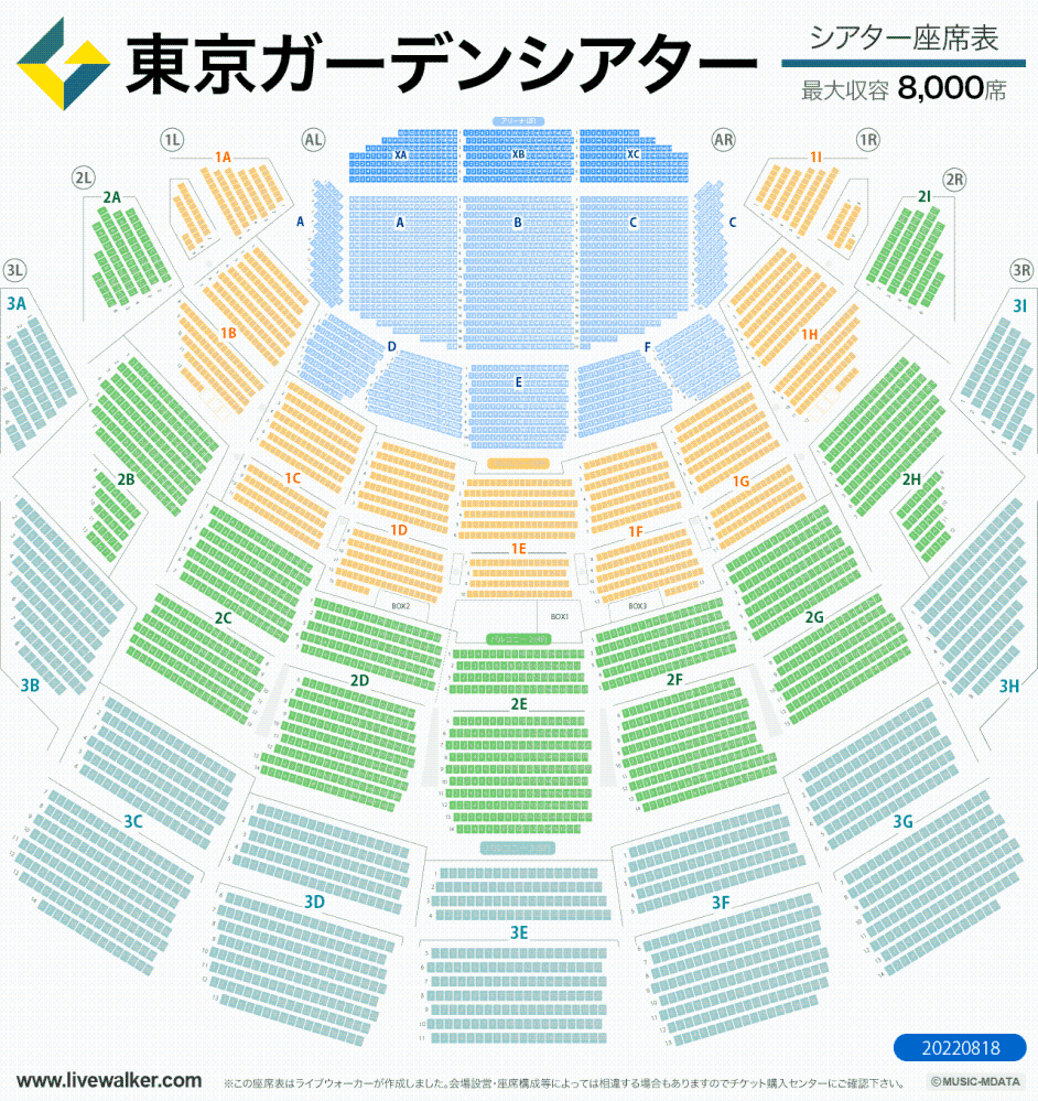 東京ガーデンシアターの座席についてです！ 2F アリーナ Cブロック 2列 は大体どのあたりかわかる方いますか？